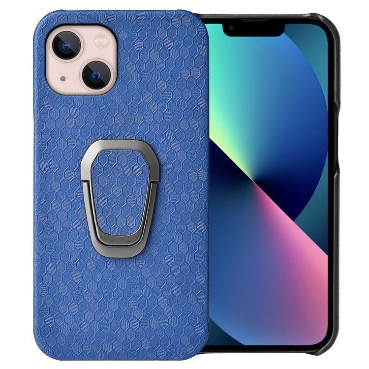 For iPhone 14 Ring Holder Honeycomb PU Phone Case