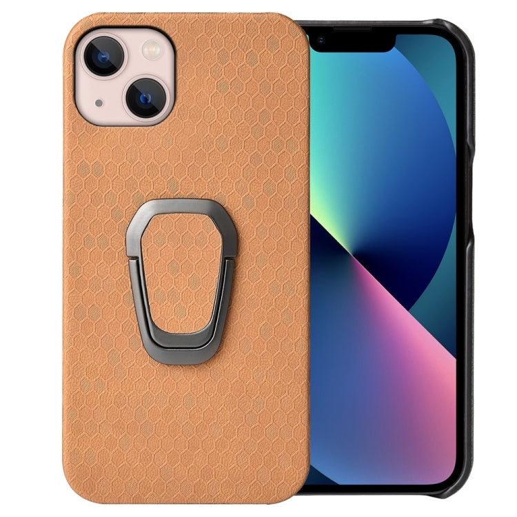 For iPhone 14 Ring Holder Honeycomb PU Phone Case
