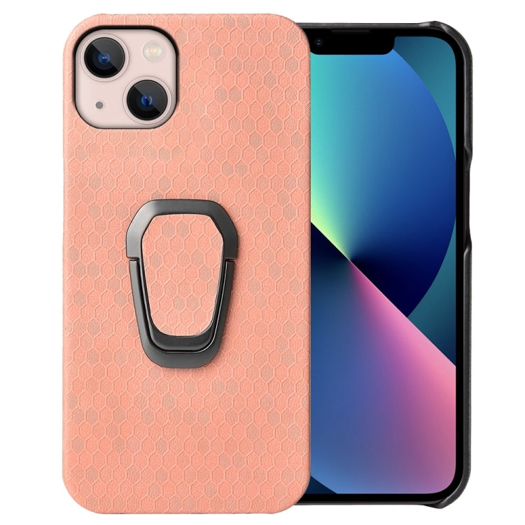 For iPhone 14 Ring Holder Honeycomb PU Phone Case