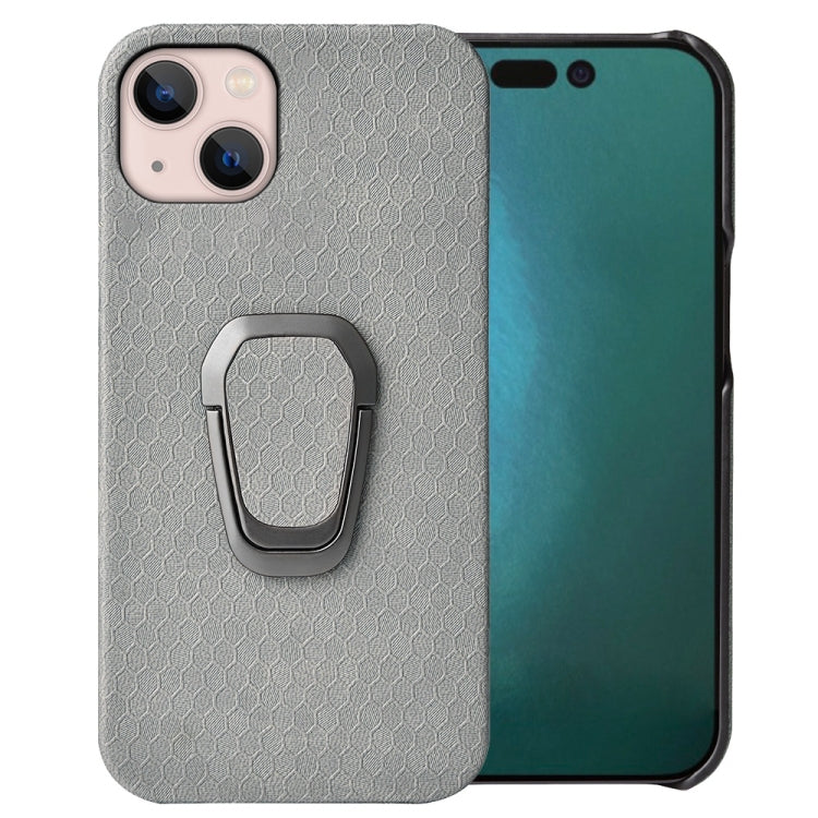 For iPhone 14 Plus Ring Holder Honeycomb PU Phone Case