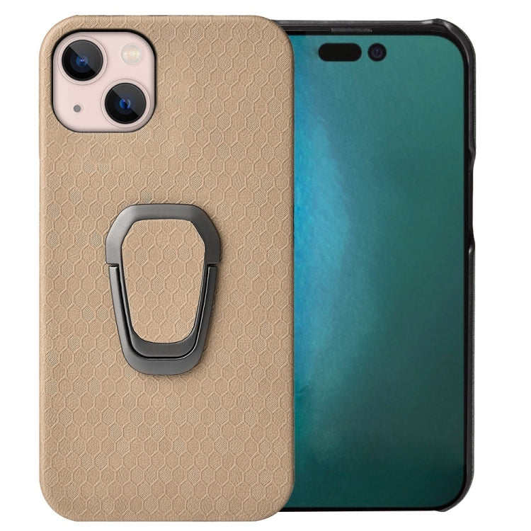 For iPhone 14 Plus Ring Holder Honeycomb PU Phone Case