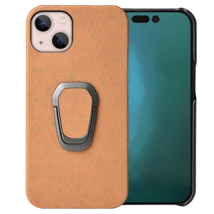 For iPhone 14 Plus Ring Holder Honeycomb PU Phone Case
