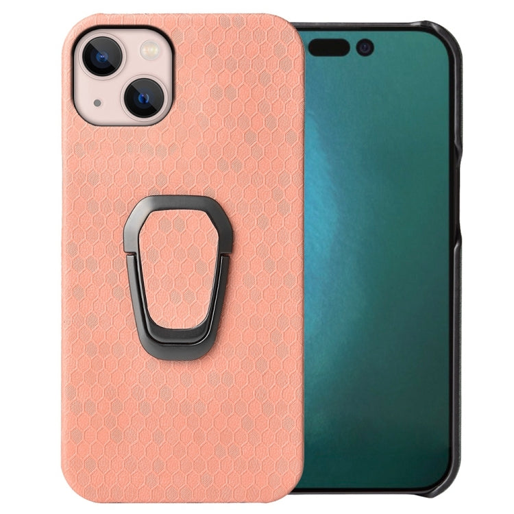 For iPhone 14 Plus Ring Holder Honeycomb PU Phone Case