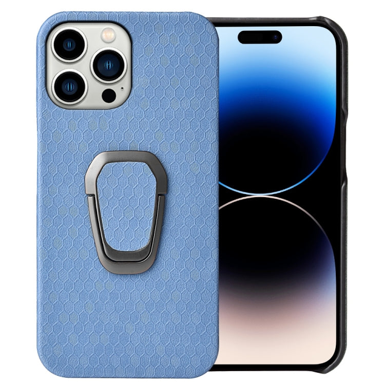 For iPhone 14 Pro Max Ring Holder Honeycomb PU Phone Case