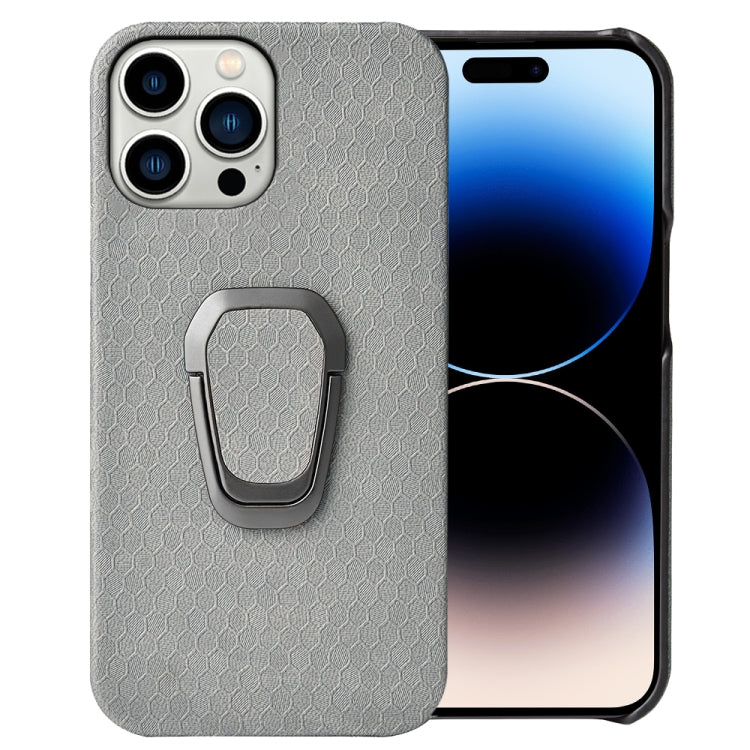 For iPhone 14 Pro Max Ring Holder Honeycomb PU Phone Case
