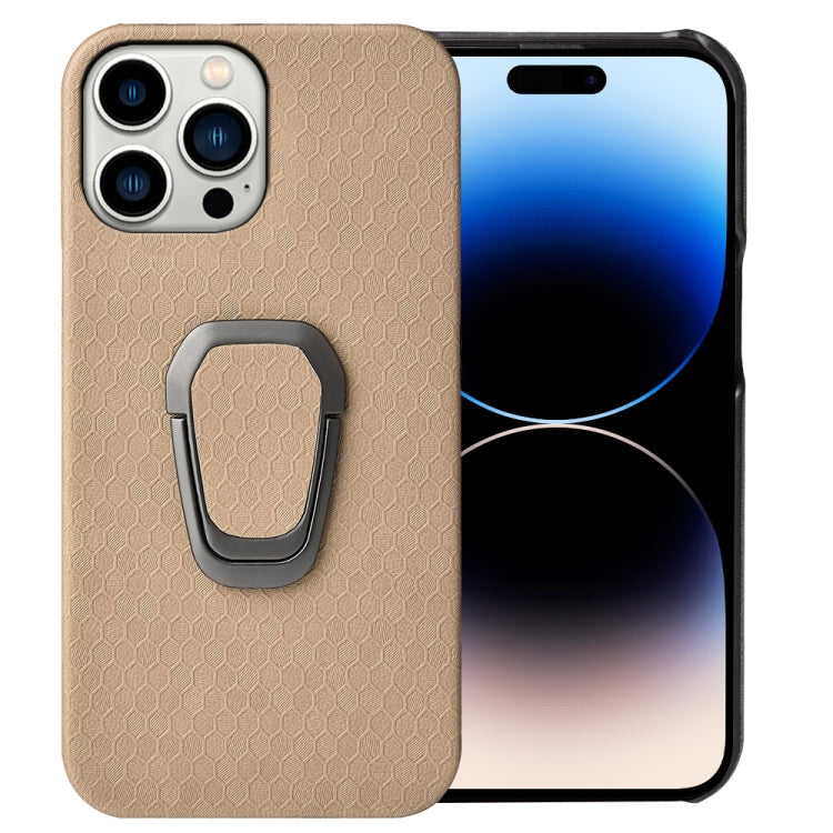 For iPhone 14 Pro Max Ring Holder Honeycomb PU Phone Case