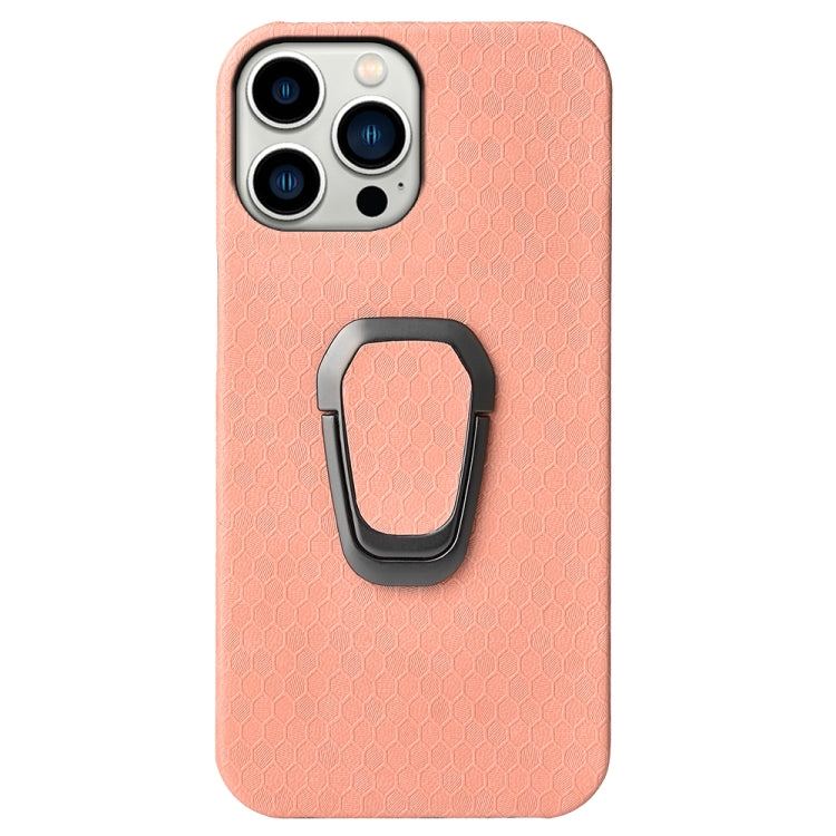 For iPhone 14 Pro Max Ring Holder Honeycomb PU Phone Case