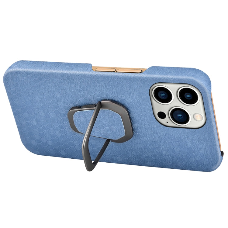 For iPhone 14 Pro Ring Holder Honeycomb PU Phone Case