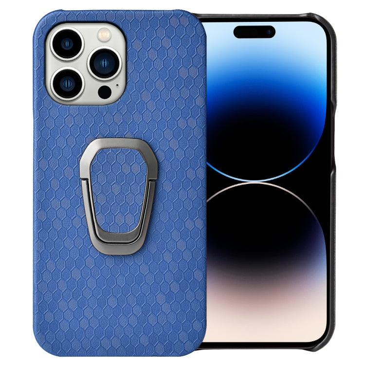 For iPhone 14 Pro Ring Holder Honeycomb PU Phone Case