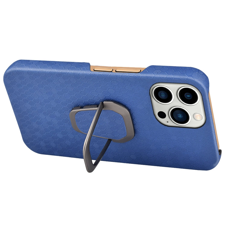 For iPhone 14 Pro Ring Holder Honeycomb PU Phone Case