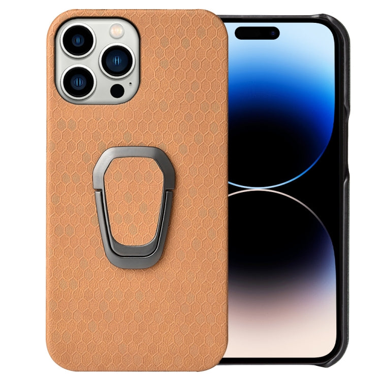 For iPhone 14 Pro Ring Holder Honeycomb PU Phone Case
