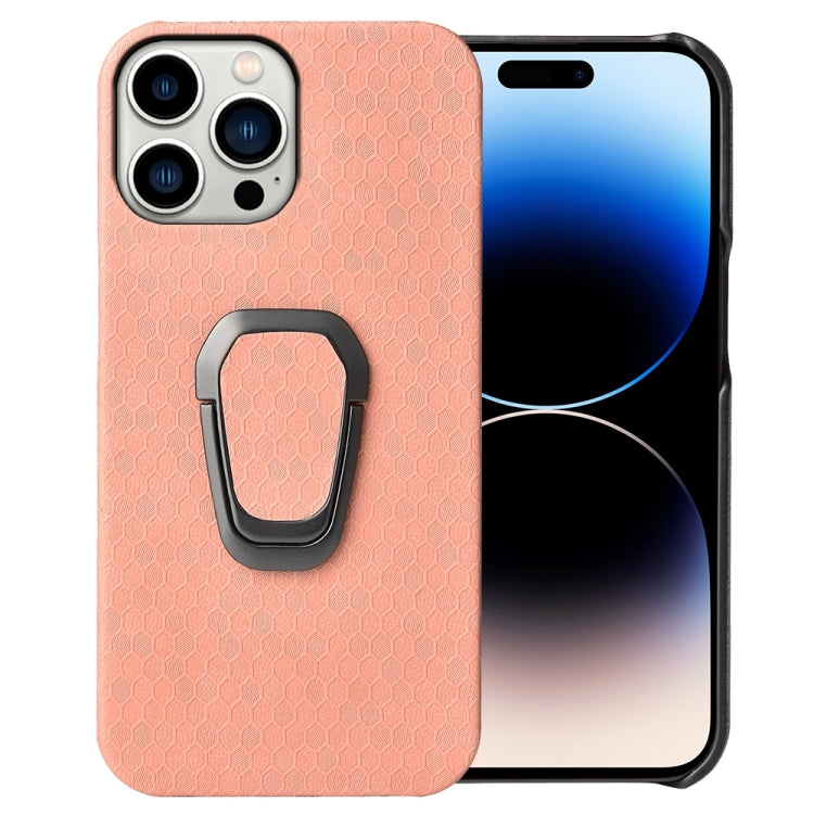 For iPhone 14 Pro Ring Holder Honeycomb PU Phone Case