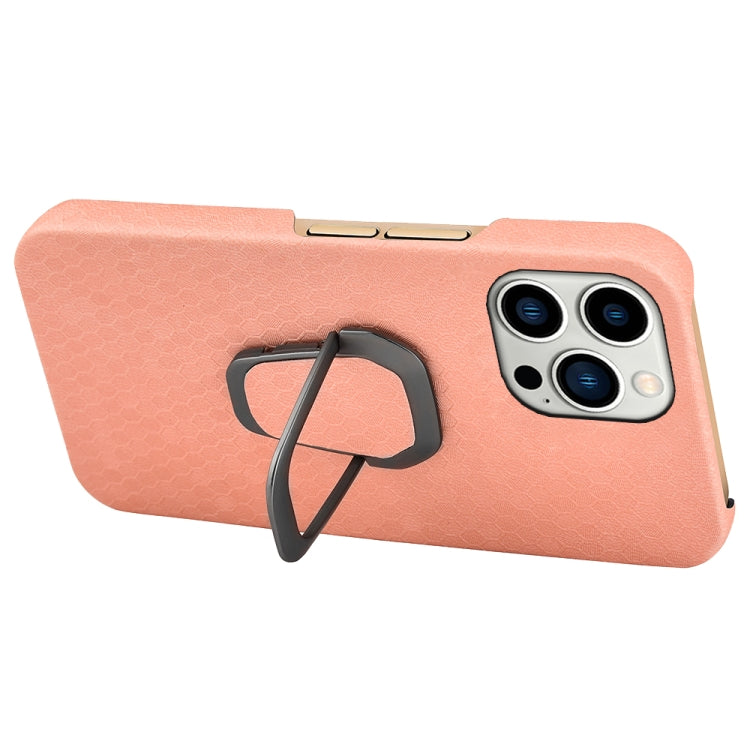 For iPhone 14 Pro Ring Holder Honeycomb PU Phone Case