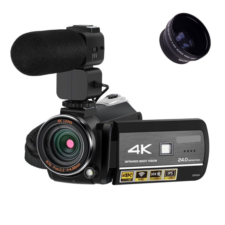 4K 30X Digital Zoom WiFi Camcorder Video Camera, Model:Standard + Microphone+Wide-Angle Lens