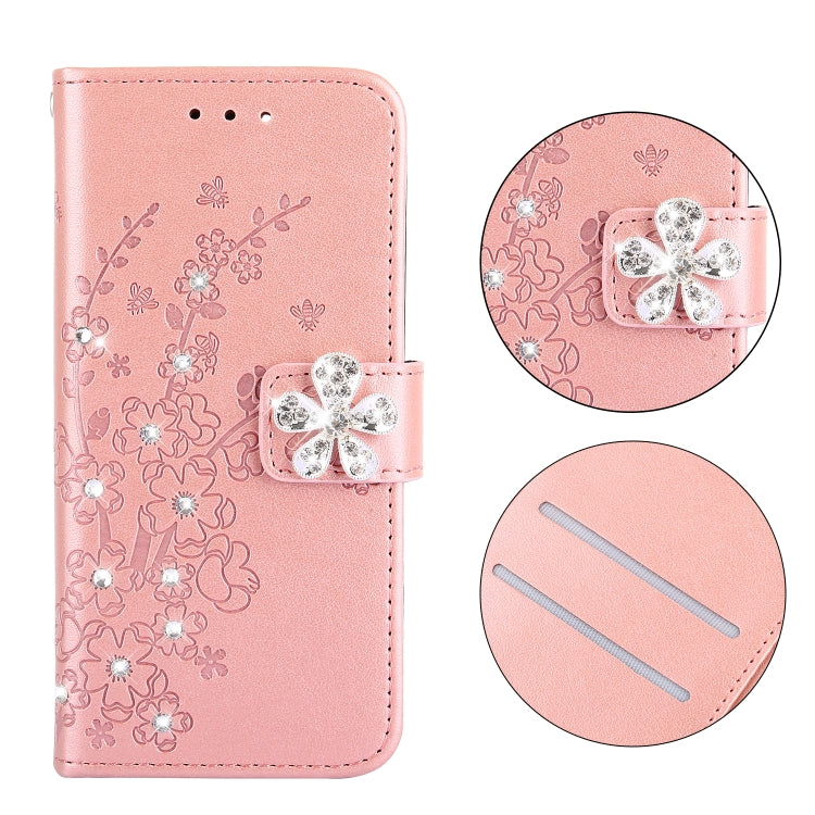 For iPhone XR Plum Blossom Pattern Diamond Encrusted Leather Case  with Holder & Card Slots