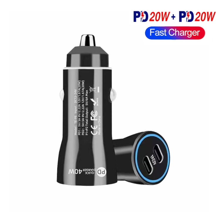 TE-P8 40W PD20W + PD20W Dual Port PD3.0 Car Charger with Type-c to Type-C Data Cable, Length: 1m