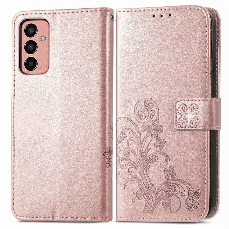 For Samsung Galaxy M13 4G Four-leaf Clasp Embossed Buckle Leather Phone Case
