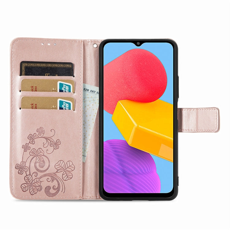 For Samsung Galaxy M13 4G Four-leaf Clasp Embossed Buckle Leather Phone Case