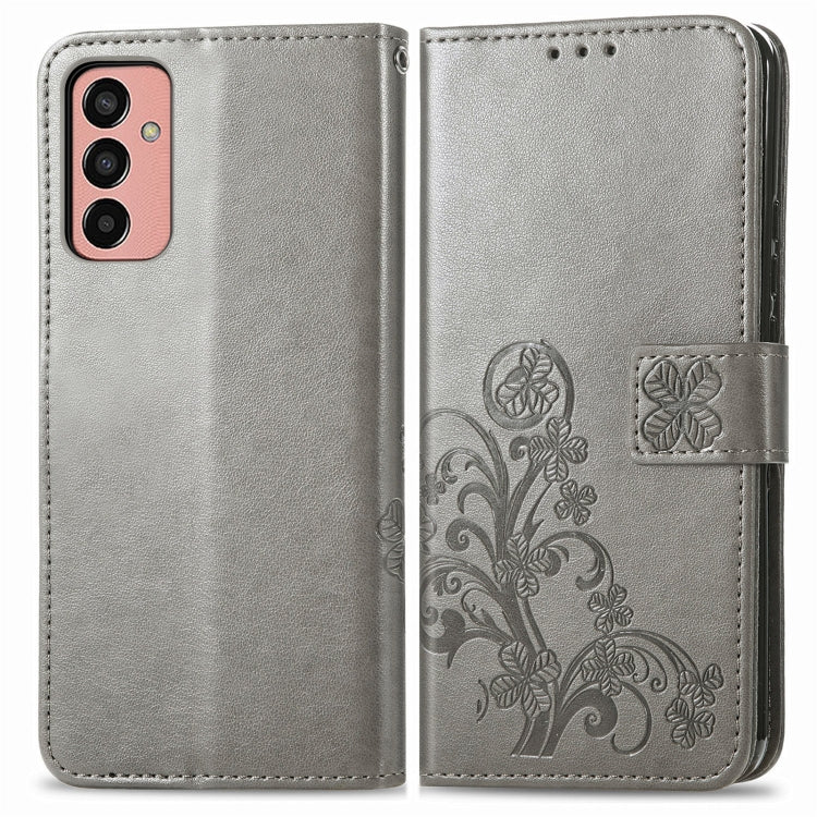 For Samsung Galaxy M13 4G Four-leaf Clasp Embossed Buckle Leather Phone Case