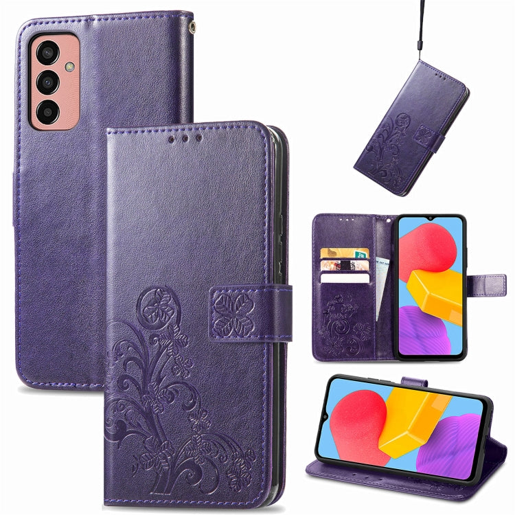 For Samsung Galaxy M13 4G Four-leaf Clasp Embossed Buckle Leather Phone Case