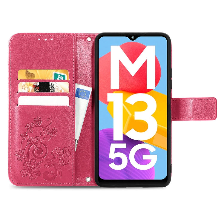 For Samsung Galaxy M13 5G Four-leaf Clasp Embossed Buckle Leather Phone Case