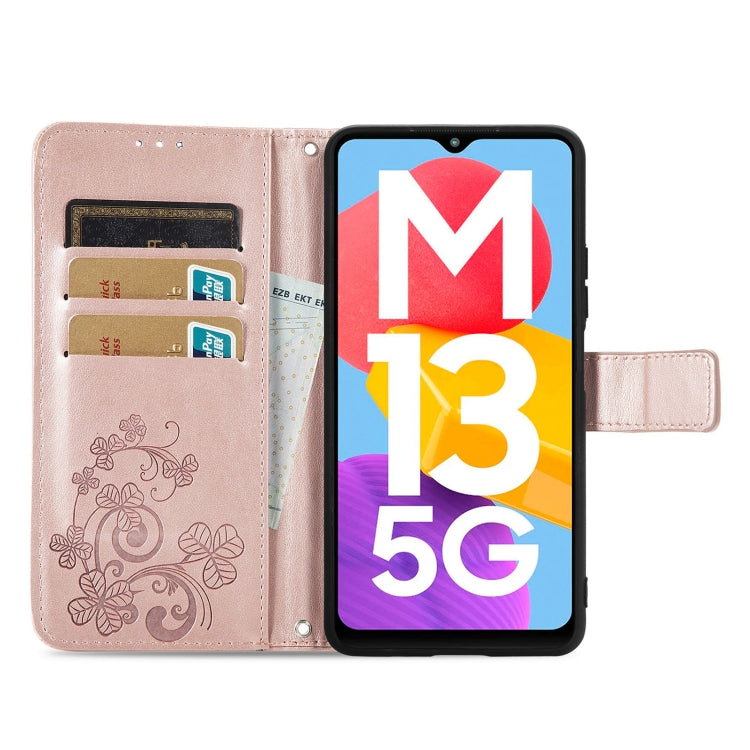 For Samsung Galaxy M13 5G Four-leaf Clasp Embossed Buckle Leather Phone Case