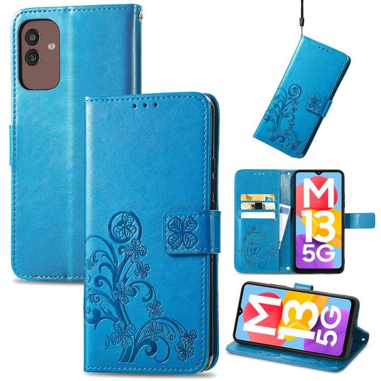 For Samsung Galaxy M13 5G Four-leaf Clasp Embossed Buckle Leather Phone Case