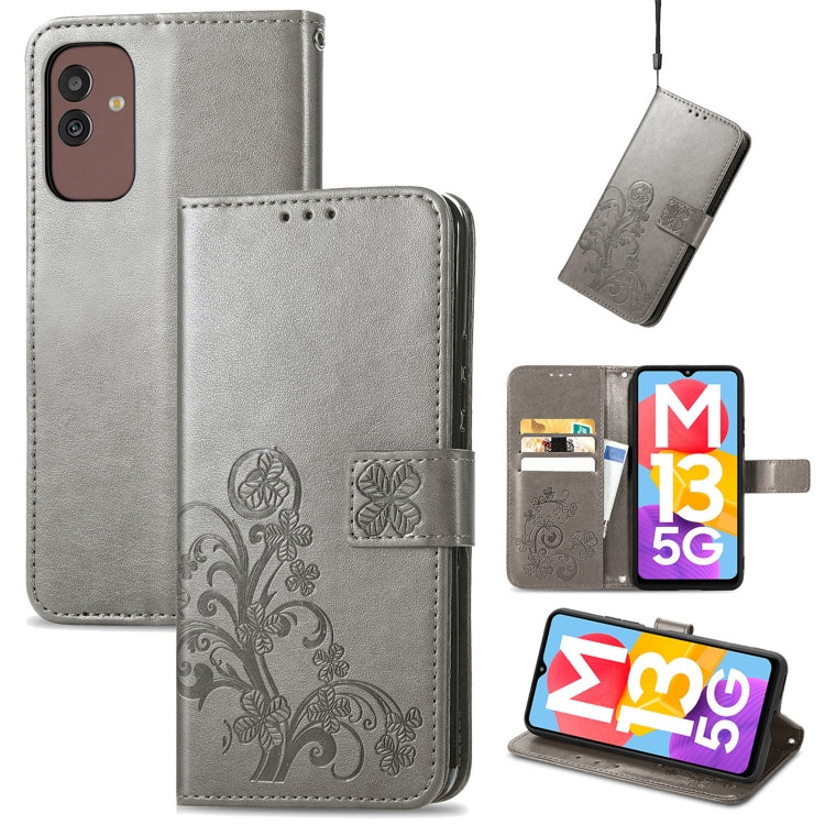 For Samsung Galaxy M13 5G Four-leaf Clasp Embossed Buckle Leather Phone Case