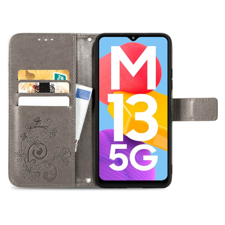 For Samsung Galaxy M13 5G Four-leaf Clasp Embossed Buckle Leather Phone Case