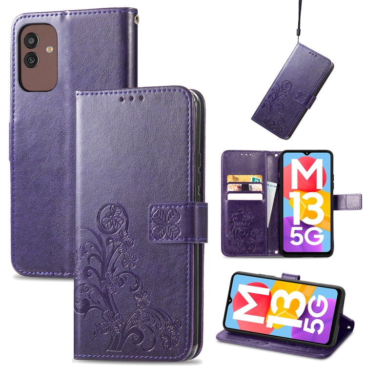 For Samsung Galaxy M13 5G Four-leaf Clasp Embossed Buckle Leather Phone Case