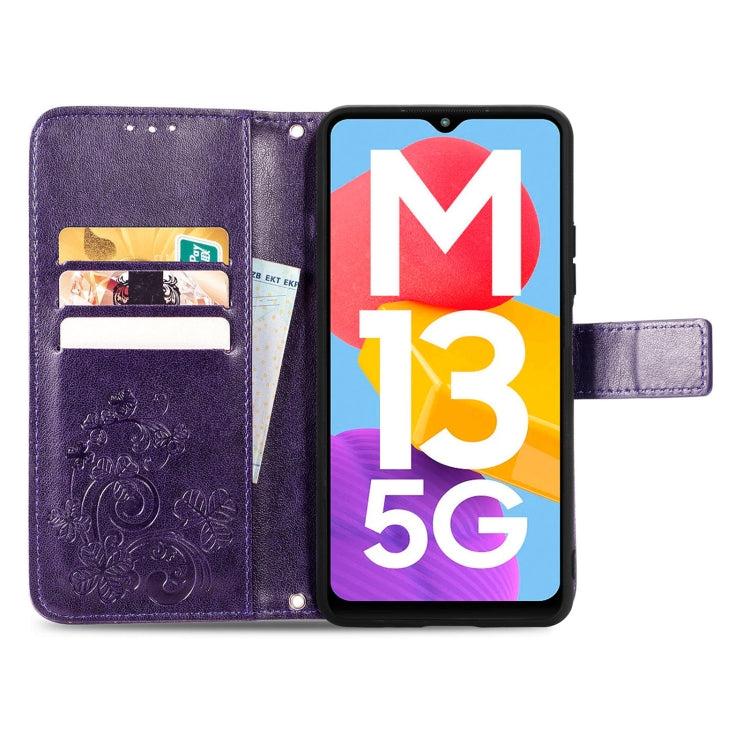 For Samsung Galaxy M13 5G Four-leaf Clasp Embossed Buckle Leather Phone Case