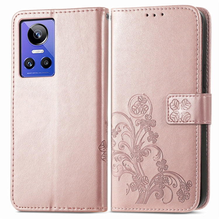 For Realme GT Neo 3 Four-leaf Clasp Embossed Buckle Leather Phone Case