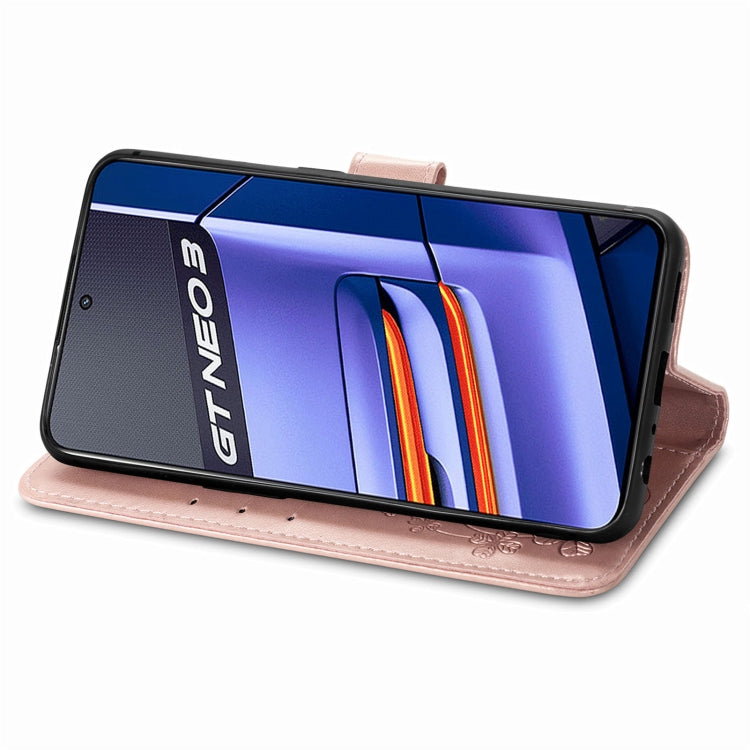 For Realme GT Neo 3 Four-leaf Clasp Embossed Buckle Leather Phone Case