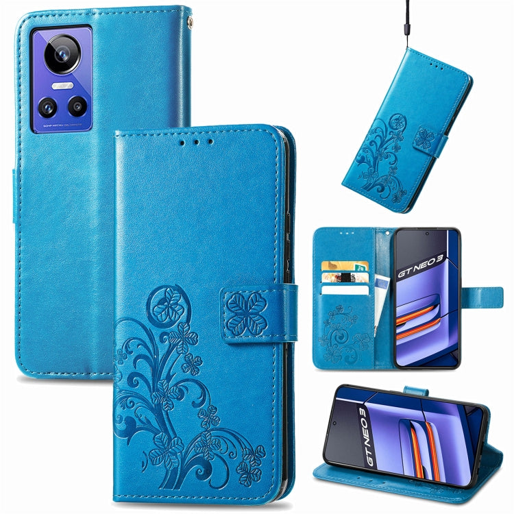 For Realme GT Neo 3 Four-leaf Clasp Embossed Buckle Leather Phone Case
