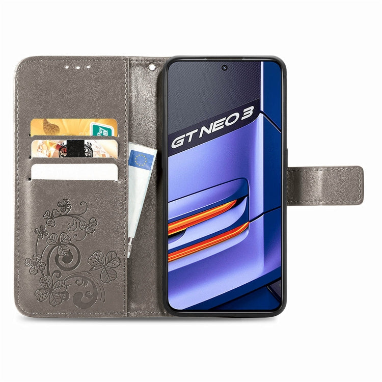 For Realme GT Neo 3 Four-leaf Clasp Embossed Buckle Leather Phone Case