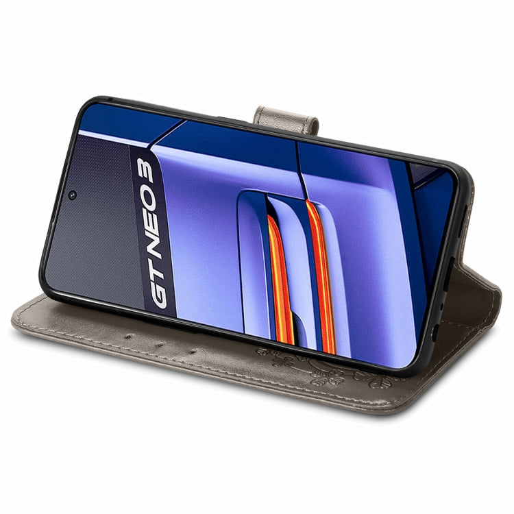 For Realme GT Neo 3 Four-leaf Clasp Embossed Buckle Leather Phone Case