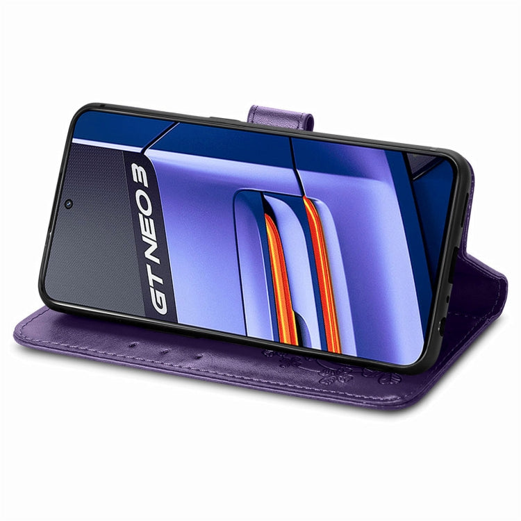 For Realme GT Neo 3 Four-leaf Clasp Embossed Buckle Leather Phone Case