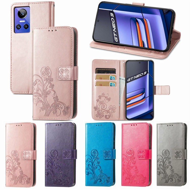 For Realme GT Neo 3 Four-leaf Clasp Embossed Buckle Leather Phone Case