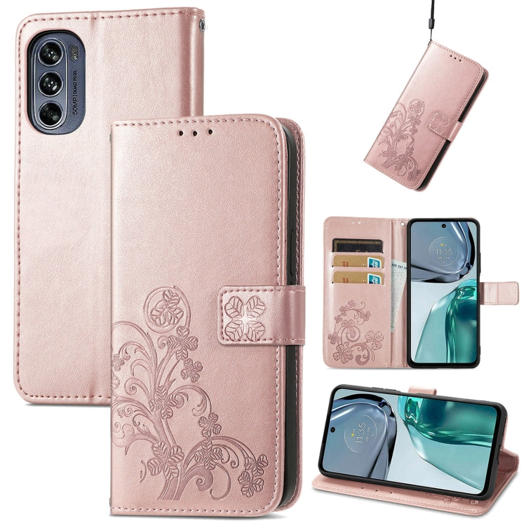 For Motorola Moto G62 Four-leaf Clasp Embossed Buckle Leather Phone Case