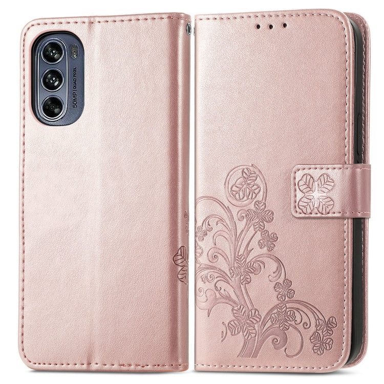 For Motorola Moto G62 Four-leaf Clasp Embossed Buckle Leather Phone Case