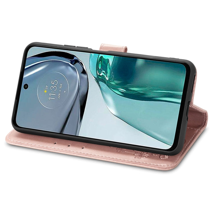 For Motorola Moto G62 Four-leaf Clasp Embossed Buckle Leather Phone Case