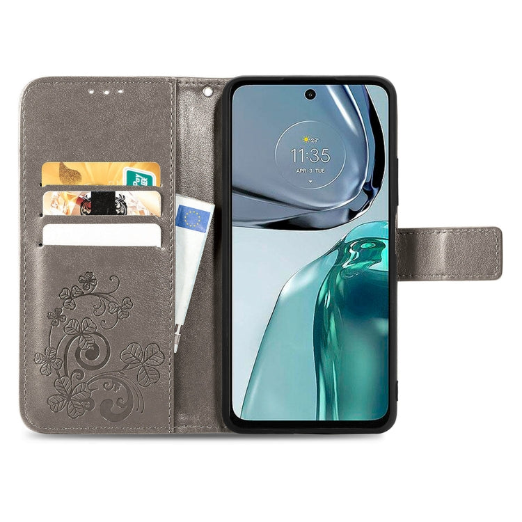 For Motorola Moto G62 Four-leaf Clasp Embossed Buckle Leather Phone Case