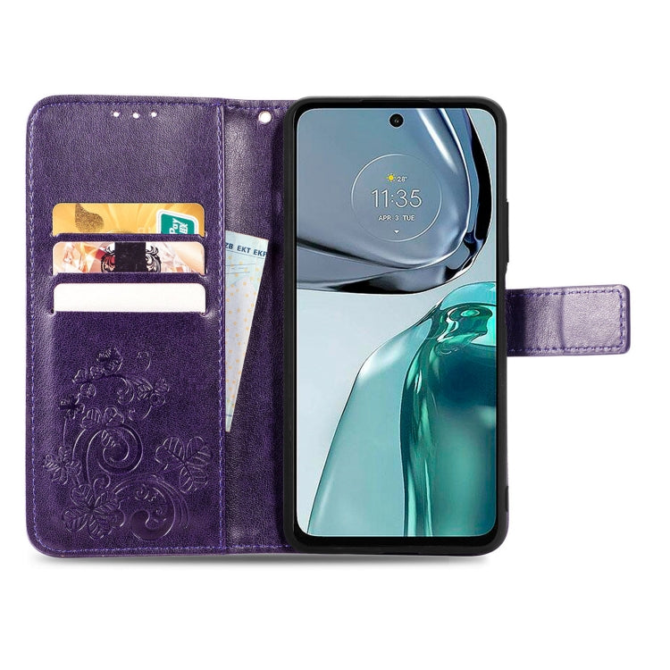 For Motorola Moto G62 Four-leaf Clasp Embossed Buckle Leather Phone Case