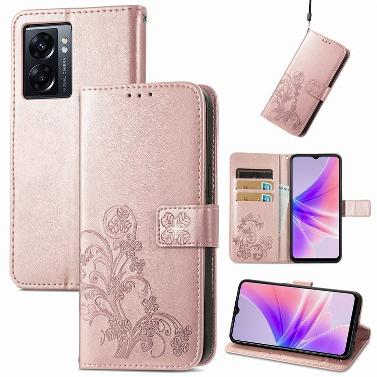 For OPPO A77 Four-leaf Clasp Embossed Buckle Leather Phone Case