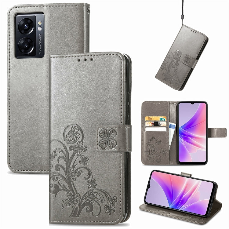 For OPPO A77 Four-leaf Clasp Embossed Buckle Leather Phone Case