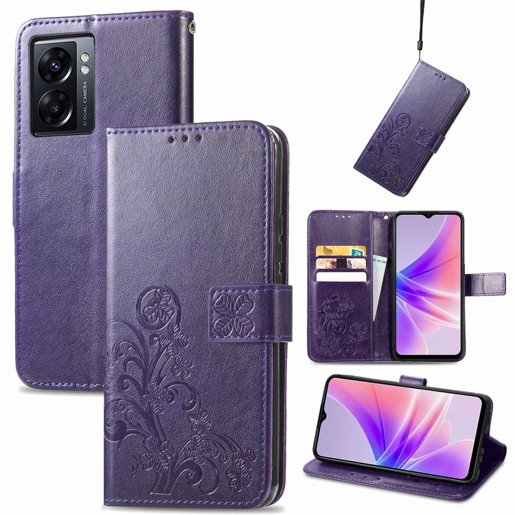 For OPPO A77 Four-leaf Clasp Embossed Buckle Leather Phone Case