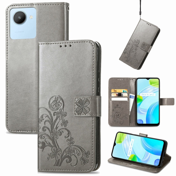 For Realme C30 Four-leaf Clasp Embossed Buckle Leather Phone Case