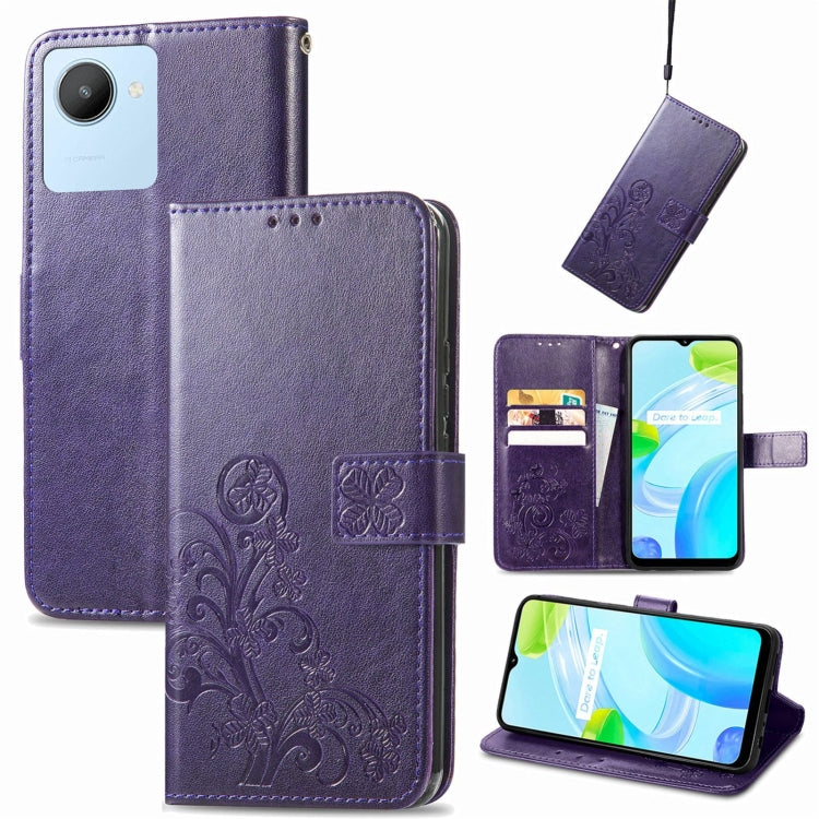 For Realme C30 Four-leaf Clasp Embossed Buckle Leather Phone Case