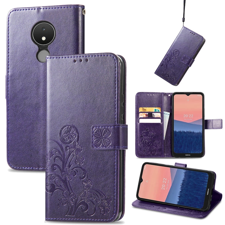 For Nokia C21 Four-leaf Clasp Embossed Buckle Leather Phone Case