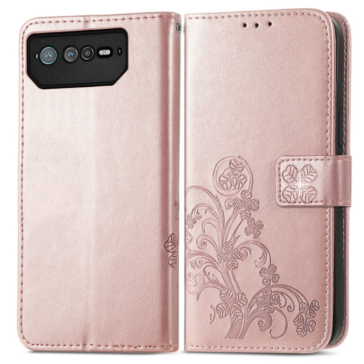 For Asus ROG Phone 6 Four-leaf Clasp Embossed Buckle Leather Phone Case